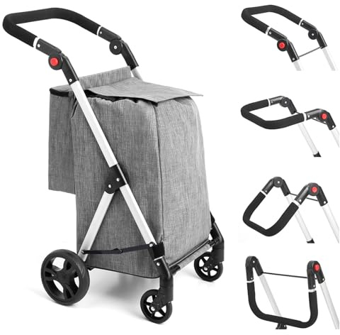 LEUYA ABC Carrello della Spesa, 8L e Tasca Posteriore, con 4 Ruote, e una grande Capacità di 25 kg Carrello Portaspesa, 46L Trolley Spesa on Wheels (Grigio)
