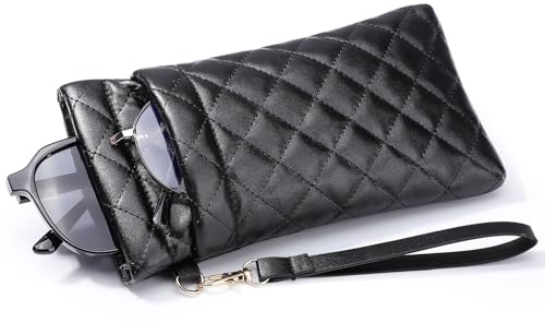 MoKo Brillenetui, Weich PU-Leder Doppellagig Sonnenbrillen Etui für Damen Herren Mädchen, Tragbar Brillenorganizer mit Handschlaufe für Brillen Lesebrille Schwimmbrille Blaulichtbrille, Schwarz