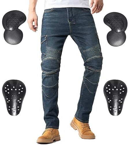 CTBQiTom Morradhose Herrarnas Motorcykelbyxor med Aramidskyddande Fodralning Motorcykeljeans med CE-skydd,Blau,34W/30L