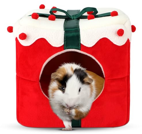 Sbayool Lit de Cochon d'Inde de Noël, Hiver Chaud Maison Cochon d'Inde, Boîte Cadeau carrée de Noël Cage Cochon d'Inde pour cobaye, Hamster, Lapin, Furet, hérisson 22×22×22cm
