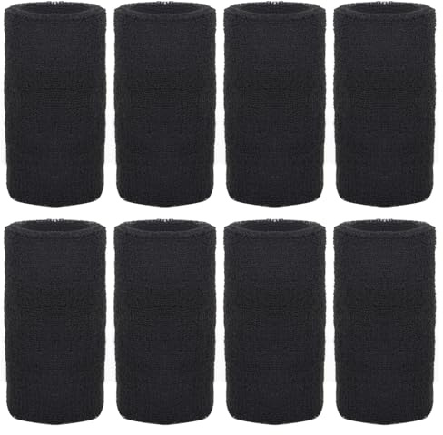 8 Pièces Serre Poignet Bracelet Eponge Absorbants Bandeau de Poignet Sport Serre Poignets Élastiques Bande Poignet pour Le Tennis Le Basket-Ball Le Football la Course à Pied (Noir)