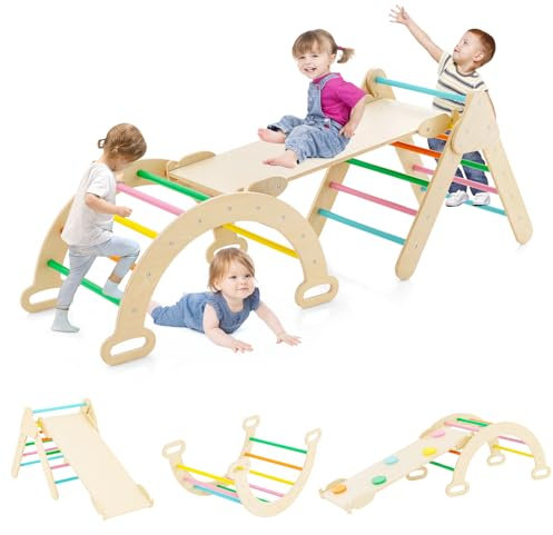 DREAMADE Triangle Escalade Bebe Montessori pour 1+ Ans, Échelle d’Escalade en Bois avec Triangle/Arche/Rampe, Convient pour Enfant à Maternelle, Maison (Multicolore)