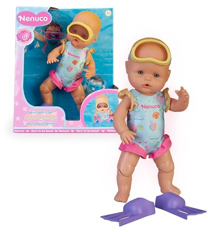Nenuco Impara ad immergersi, bambola meccanica 35 cm, muove le gambe, nuova avanti e indietro, con costume da bagno, pinne e occhialini, per bambine/I dai 2 anni, Famosa NFN75000