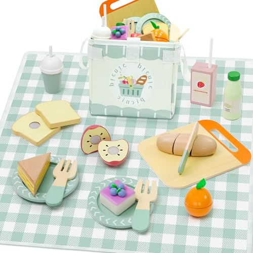 Masonbaby Picnic Playset - Wooden Play Food - Play Food Sets for Kids Kitchen - Pretend Food, Toy Food with Multifunctional Storage Bag, Non-Toxic Toy Picnic Set Best Gift for 3+ Toddlers