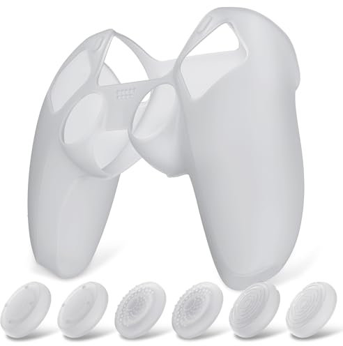 PlayVital Pure Series Dockable Model Anti-Slip Silicone Cover Skin for ps5 Controller, Soft Rubber Grip Case for ps5 Wireless Controller Fits with Charging Station with Thumb Grip Caps - Clear White