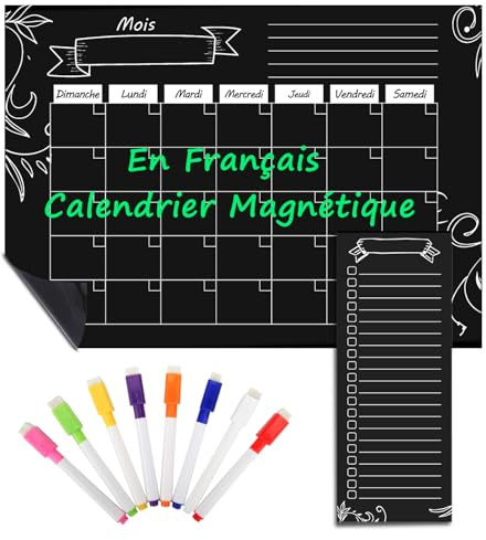 MoKo Calendrier Magnetique Frigo, Planning Mensuel Magnetique en Français, 40cm x 30cm Planificateur Mensuel Effaçable avec Liste Magnétique et 8 Craies Liquides, Tableau Menu Notes pour Réfrigérateur