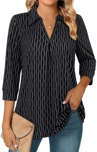 Amrto Chemisier pour femme - Élégant - Manches 3/4 - Col en V - Ligne A - Chemisier long avec col à revers - Décontracté et élégant - Chemisier d'été pour le bureau et les affaires, noir (fils