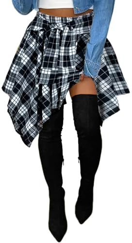 Women's Plaid Skirt Elastic High Waist Bow Tie Front Stretch Irregular Hem Pleated Mini Skirts with Belt Black White