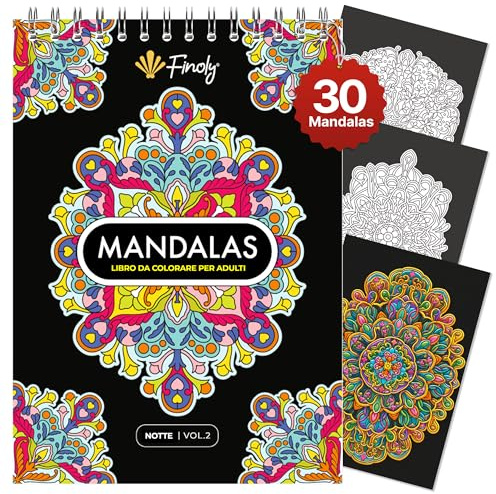 Finoly Mandalas a Colorier Adulte Réduit le Stress A4 | Mandala Adulte Anti Stress | Cahier de Coloriage Mandala | Reliure Spirale L’encre ne Traverse Pas (Nuit)