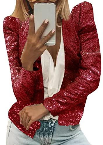 Glitzer Jacke Damen Fasching Open Front Pailletten Blazer Langarm Elegant Glitzer Cardigan Festliche Party Bolerojacke Casual Cropped Pailletten-Cardigan Leicht Mantel Strickjacke Paillettenjacke