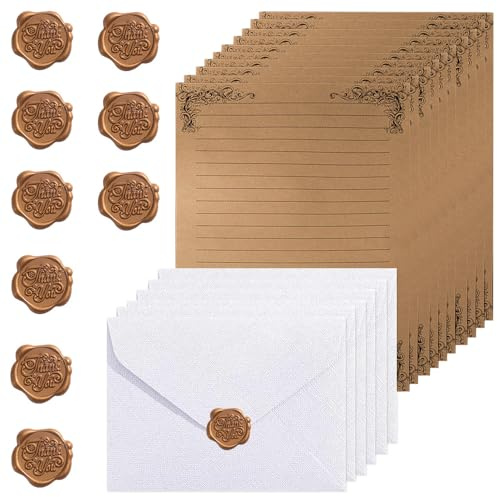 Aweisile Vintage Carta da Lettere con Busta, 10 Carta da Lettere Cancelleria con 10 Busta, 10 A5 e Adesivi Sigillo Di Cera, Buste Lettere Vintage con Adesivi per Inviti Scrivere Disegni