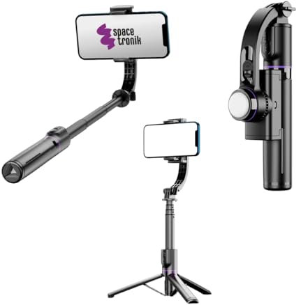 Spacetronik Bastone Selfie Treppiede, 4 in 1 Selfie Stick con Stabilizzatore Gimbal, Luce LED Regolabile e Telecomando Bluetooth, Supporto Rotante a 360°, Portatile e Universale per iPhone, Android