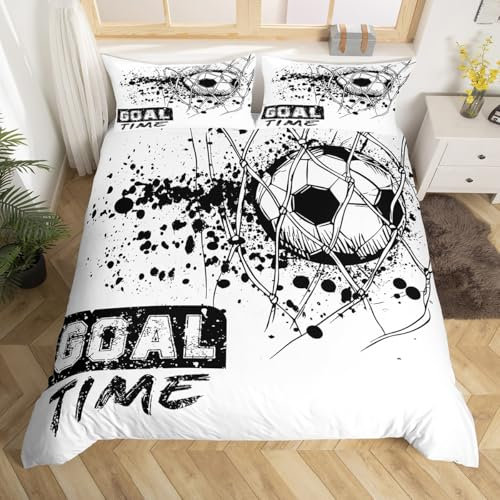 Loussiesd Juego de ropa de cama para cama de matrimonio con diseño de fútbol, color blanco y negro, diseño de inyección de tinta, para niños y niños, decoración de dormitorio juvenil
