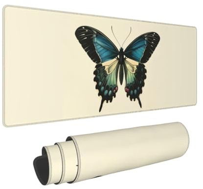 Large Gaming Mouse Pad - Blue Black Butterfly Art Rubber Base Desk Mat, Desk Pad with Stitched Edges, Mousepad for Laptop, PC Keyboard Mouse Mat for Work Game Office 12x31.5 Inch