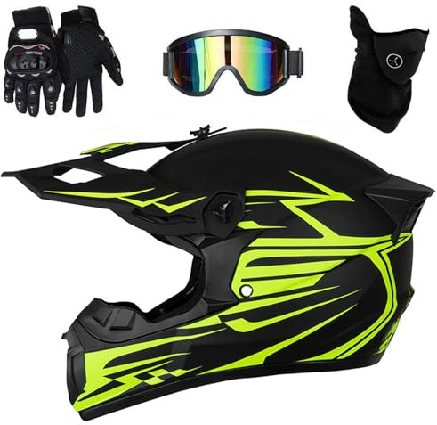 Kinder Motorradhelm Downhill Set - Leichter Vollvisierhelm mit stylischem Heckflügel-Design, Belüftung + Brille+Handschuhe für Jungen/Mädchen (MTB/BMX/Enduro)(As Yellow,S(52~53cm))