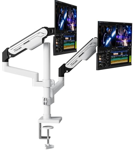 Fydeamer Dual Gas Spring Monitor Arm with Pole for 17-32 Screens 9kg | Heavy Duty Vertical Dual Mount, Full Adjustable VESA Stand, White