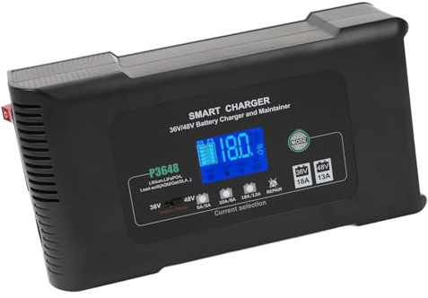 Drfeify Chargeur de Batterie de Chariot de Golf 36V 48V, Chargeur de Batterie Intelligent avec Prise Pied de Corbeau, écran LCD pour Chariot de Golf, Tondeuse à Gazon, Bateau (Prise UE 100‑240 V)