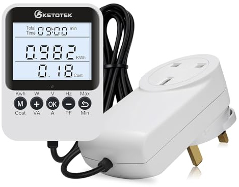 KETOTEK Power Meter Plug, Electricity Usage Monitor with Separate Display Screen, Watt Meter with Backlit LCD, Energy Monitor Plug for UK Socket