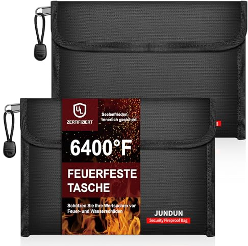 JUNDUN 2er-Pack 12-lagige feuerfeste Tasche, 27×17cm, 6400°F | Kleine Feuerfeste Geldtasche mit doppeltem Reißverschlussfach, sicherer Schutz für Bargeld, Reisepass, Quittung, Schwarz