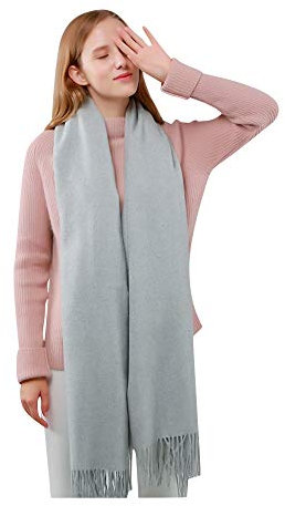 UK_Stone Schal Damen 40% Wolle+ 60% Acryl Schal Unifarbe Halstücher mit Quaste Weihnachten Winterschal XXL Damenschal, Hellgrau