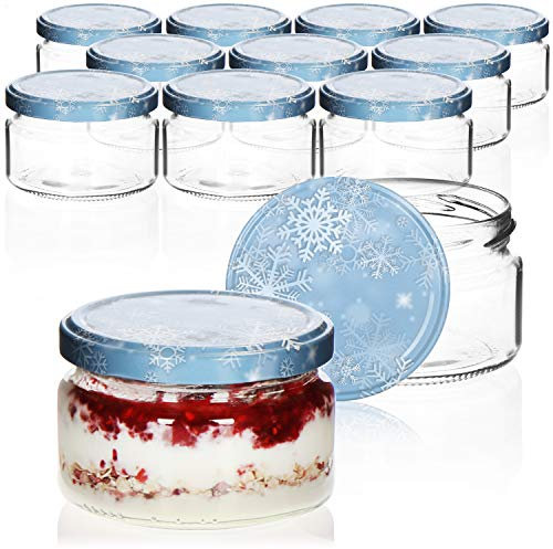 com-four® 12x Einmachgläser Winter Edition TO Ø 82 mm - 250 ml mit Schraub-Deckel im winterlichen Design, blau-weiße Marmeladengläser, Glas mit Schneeflocken-Deckel, Einmachglas Weihnachten