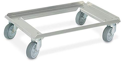 BRB Transportroller aus Edelstahl, für 600x400 mm Eurobehälter, Tragkraft 250 kg, graue Gummiräder, Deck offen
