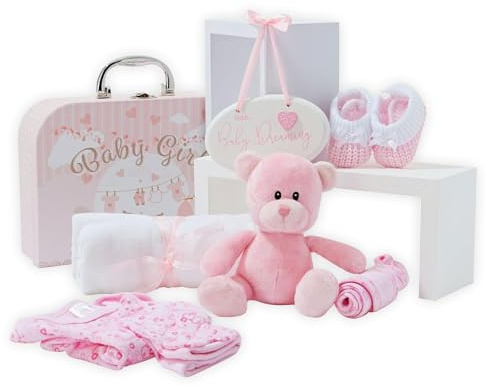 New Baby Party Gift Basket in Pink - with Fleece, Hooded Towel, Baby Clothes, 2 Mull Cloths and Cute Teddy Bear - Baptism Gifts for Girl or Boy