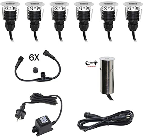 VBLED® Mini LED Bodeneinbaustrahler 6er-KIT inkl. Dämmerungssensor Rund Terrassen Einbaustrahler Terrassenbeleuchtung 0.2W LED, Warm-weiß, 10 Lumen, Eckig IP67 Edelstahl - Rostfrei & Robust