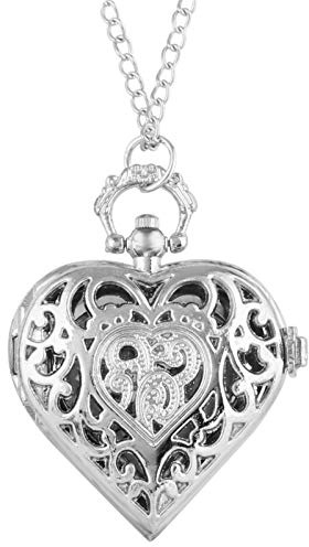 Akopiuto Amour Coeur Forme Quartz Montre De Poche Bronze/Argent/Noir Collier Pendentif Chaîne Dames Montre Meilleurs Cadeaux Souvenir pour Filles Femmes Argent