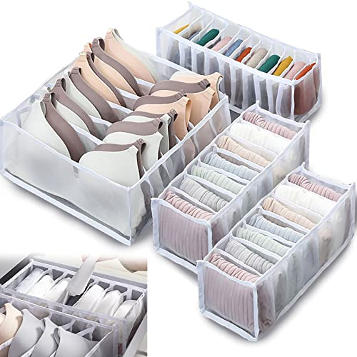 Senteen Organizer Cassetti Intimo Scatola, 4 Pezzi Organizzatori per Biancheria Intima Set Armadio Divisori Pieghevole Storage Box Organizzatore Cassetti per Reggiseni Slip Calze Cravatte (Bianco)