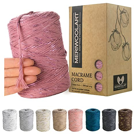 MeriWoolArt Corda Macramè Pflaume 3mm 200m - Fil di Cotone Colorato - Spago Macrame di Corda Singola - Filato Morbido Macramè Cotone Riciclato Oeko-Tex - Macramè Arredamento per Casa Boho