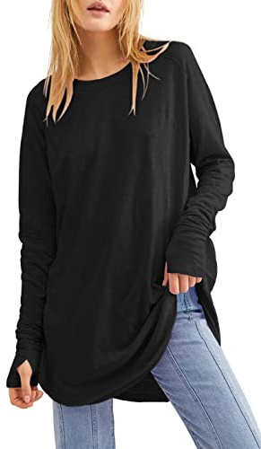 Ebifin Langarmshirt Damen Longshirt Rundhalsausschnitt Langarm Oberteil Shirts Basic Blusen Tunika Tee Tops.Schwarz.M
