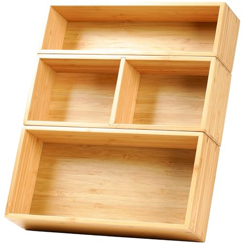 Umilife Drawer Organizer Storage Boxes, 2.5 High Bamboo Drawer Dividers, 3 Rearrangeable Bins for Kitchen, Office Desktop, Clothing, Makeup, vanity, Jewelry