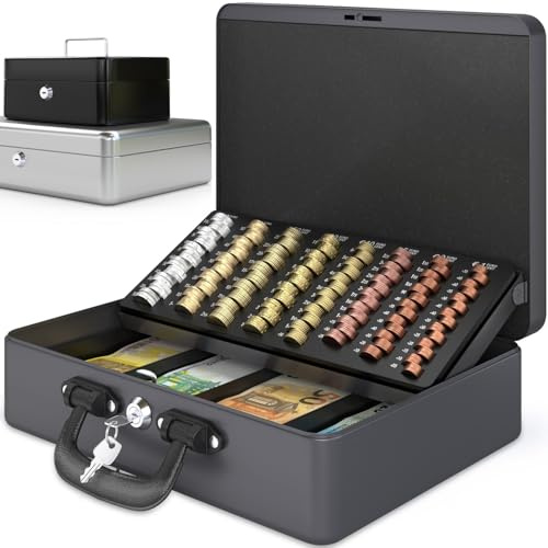 ACROPAQ Caja fuerte portátil de caudales grande - (35,8 x 27,3 x 11 cm), Con bandeja para conteo de monedas, Estuche premium, con 2 llaves incluidas, Plateado - Caja dinero