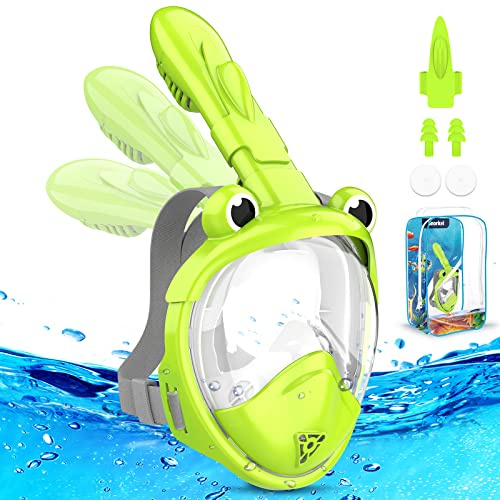Kkdi Kids Snorkel Mask, Full Face Snorkel Mask for Kid 4-16, Foldable Snorkeling Gear for Kids Snorkeling Set for Swimming Pool Toys, Dry Top, Anti-Leak/Anti-Fog /180° HD View/Portable Bag