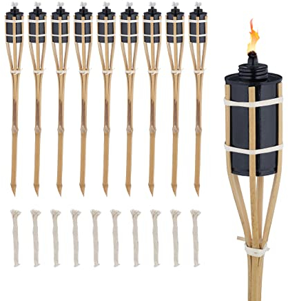 Relaxdays Set di 10 Fiaccole da Esterno, Alte 60 cm, Set 10 Torce Olio in bambù per Giardino, Illuminazione Outdoor, Color Legno, Ferro