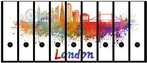 Wallario 9 Stück breite Ordner inkl. Klebeetiketten mit Motiv Städte als Aquarell - Skyline von London - Set mit Rückenschildern/Ordnerrücken Stickern