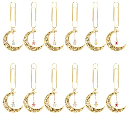 OLYCRAFT 12 Stück Mond Und Stern Büroklammern 97mm Legierungsanhänger Büroklammer Mit Mond Stern Charms Metall Büroklammern Zum Sortieren Und Organisieren von Papierdokumenten Notizen - 6 Farben