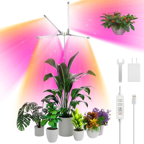 YUYMIKA 96LED 4 köpfe Vollspektrum Pflanzenlampe, 15W Grow Light mit Eurostecker, 3/9/12 Auto-Timer, 3M-Kabel, 11.8-59 inch Teleskopstange Pflanzenlicht für Gartenpflanzen
