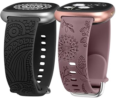 TOYOUTHS 2 Stück Floral Gravierte Armband kompatibel mit Fitbit Versa 4/Versa 3/Sense 2/Sense Armband, Sport Solo Loop Silikon Boho Henna/Löwenzahn Blume Fancy Cute Armbänder für Versa 4
