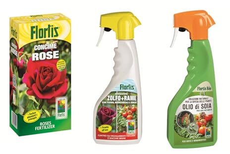 Flortis Kit Benessere Rose. Concime rose crescita miracolosa, Olio di Soia e Zolfo. Fertilizzante piante granulare rosai e fioriture abbondanti, olio uso botanico per difesa da insetti e integratore.
