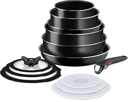 Lagostina Ingenio Easy Start Set 13 Pezzi, Set di Pentole in Alluminio per Gas e Forno, 2 Casseruole, 2 Padelle, un Tegame, un Wok, 3 Coperchi Vetro, 3 Coperchi Plastica, un Manico Removibile