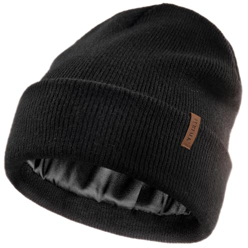 FURTALK Damen Winter Warm Satin Gefüttert Beanie Mütze Seidenfutter Strickmütze Unisex Gestrickt Wintermütze Schwarz