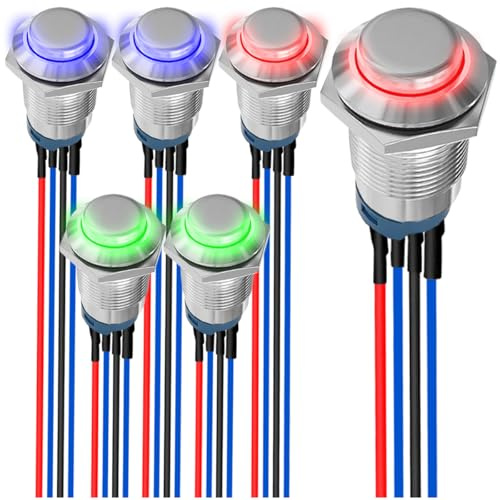 MKBKLLJY 6 st. 12 mm momentan-LED-knapp röd/blå/grön med silverhölje DC 12 V 3 A 4 stift 1NO SPST IP65 vattentät rund metallbrytare knapp i rostfritt stål med förkoppling för bil, marin båt