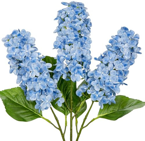 Briful 24.8 Artificial Hydrangea Flowers Real Touch Panicled Hydrangea Stems, 3PCS Blue Artificial Flowers Faux Cone Hydrangeas for Tall Vase, Home Décor, Floral Arrangements