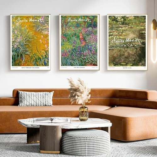 GKUVBF Ölgemälde auf Leinwand von Claude Monet, Seerosen, Irisgarten, impressionistischer Posterdruck, Wandkunst, Bild, Heimdekoration, 30 x 45 cm, 3-teilig, rahmenlos