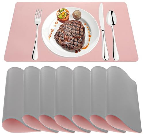 SHUESS Leder Tischsets für Tisch Hitzebeständig Platzsets 8er Set Abwaschbar rutschfest Wasserdicht Kunstleder Platzdeckchen für Küche Esszimmer Draussen Haus Grau Rosa