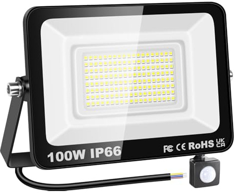 YOJZMA Projecteur LED Extérieur avec Détecteur de Mouvement, 100W blanche | Sans Prise, 10000LM, PIR, 6000K, IP66 étanche, éclairage de sécurité extérieur pour jardin garage cour terrain sport porche