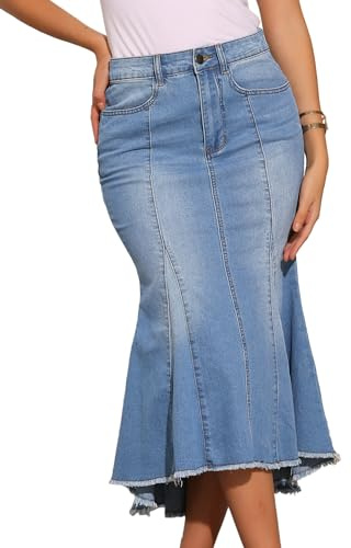 Allegra K Womens Washed Fishtail Denim Skirt High Waist Midi Jean Skirts | High-low Raw Hem, Seam Detailing, with Pockets, Western Cowgirl Casual Outfits, Stretchy Fabric
