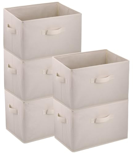 Hejo 5 Stück Stoff Aufbewahrungsbox Groß, 38x25x25cm Faltbare Stoffboxen | Kleiderschrank Organizer, Schrank Organizer, Aufbewahrungskorb für Kleidung, Spielzeug, Bücher(Beige)
